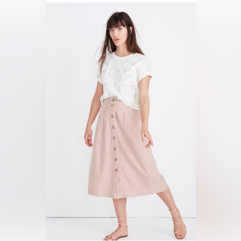 Madewell Patio Button-Front Midi Skirt Clay Stripe A-Line Minimalist Size 10
